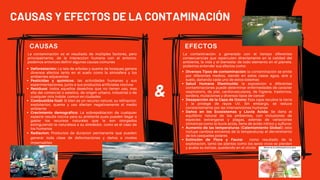 &
EFECTOS
CAUSAS
La contaminación es el resultado de multiples factores, pero
principalmente, de la interaccion humana con el entorno.
podemos entonces definir algunas causas comunes
CAUSAS Y EFECTOS DE LA CONTAMINACIÓN
Deforestación: La tala de arboles y quema de bosques genera
diversos efectos tanto en el suelo como la atmosfera y los
ambientes adyacentes
Pesticidas y químicos: las actividades humanas y sus
experimentaciones, junto a sus productos artificiales nocivos
Residuos: todos aquellos desechos que no tienen uso, mas
alla del comercial o estetico, de origen urbano, industrial o de
cualquier otra indole. comun en ciudades
Combustible fósil: Si bien es un recurso natural, su refinacion,
explotacion, quema y uso afectan negativamente el medio
ambiente
Crecimiento demográfico: La sobrepoblación de cualquier
especie resulta nociva para su ambiente pues pueden llegar a
gastar los recursos naturales que le son otorgados
extinguiendo la naturaleza a su alrededor, como es el caso de
los humanos
Radiacion: Productos de duracion permanente que pueden
generar toda clase de deformaciones y daños a niveles
impensables
La contaminación a generado con el tiempo diferentes
consecuencias que repercuten directamente en la calidad del
ambiente, la vida y el bienestar de todo elemento en el planeta.
podemos entender sus efectos como:
Diversos Tipos de contaminación: la contaminación se emite
por diferentes medios, siendo en estos casos agua, aire y
suelo, dañando cada uno de estos sistemas
Salud Humana Disminuida: la exposicion a diferentes
contaminaciones puede determinar enfermedades de caracter
respiratorio, de piel, cardiovasculares, de higiene, trastornos,
sordera, mutaciones y diversos tipos de cancer
Desaparción de la Capa de Ozono: Esta capa recubre la tierra
y la protege de rayos UV. Sin embargo, se reduce
constantemente por las intervenciones humanas
Daños en los Ecosistemas y Lluvia Ácida: Se daña el
equilibrio natural de los ambientes, con inclusiones de
especies extrangeras y plagas, ademas de variaciones
climaticas como la lluvia ácida, llena de ácido nítrico y sulfuros
Aumento de las temperaturas (Calentamiento Global): esto
incluye cambios extremos de la temperaturay el derretimiento
de los casquetes polares
Extinción de Flora y Fauna: como resultado de la
explotación, tanto las plantas como los seres vivos se pierden
y acaba su estirpe, quedando en el olvido
 