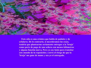       Esto sólo es una crónica que habla de pañales y de celulares. De lo contrario, si mezcláramos las cosas, tendría que plantearme seriamente entregar a la 'bruja' como parte de pago de una señora con menos kilómetros y alguna función nueva. Pero yo soy lento para transitar este mundo de la reposición y corro el riesgo de que la 'bruja' me gane de mano y sea yo el entregado. . 