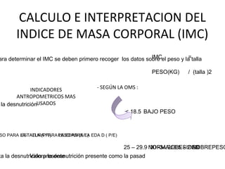 CALCULO E INTERPRETACION DEL
INDICE DE MASA CORPORAL (IMC)
ara determinar el IMC se deben primero recoger los datos sobre el peso y la tallaIMC
PESO(KG)
=
/ (talla )2
BAJO PESO
OBESIDADSOBREPESO
< 18.5
30 -34.925 – 29.9 18.5 – 24.9NORMAL
- SEGÚN LA OMS :
PESO PARA LA EDA D ( P/E)
Valora la desnutrición presente como la pasad
SO PARA LA TALLA (P/T)
ta la desnutrición presente
ESTATURA PARA LA EDAD (E/E)
la desnutrición
INDICADORES
ANTROPOMETRICOS MAS
USADOS
 