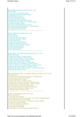 Eduardo Araujo                                                                     Page 10 of 13




UM HOMEM CHAMADO CAVALO (1988) - Vinil
RGE 303.6096
1. O cavalo da viúva (Eduardo Araújo)
2. Mangalarga marchador (Eduardo Araújo)
3. Bailão (Renato Teixeira)
4. Pra saber (Roberta Miranda)
5. Campo rock (Eduardo Araújo)
6. Boi Barnabé (Victor Simão - Bob Nelson)
7. Minha gente rockeira (Beth Cauá - Eduardo Araújo)
8. Campolina (Eduardo Araújo)
9. O som do caminhoneiro (Renato Teixeira)
10. Pra me fazer feliz (Paulo Massadas - Michael Sullivan)
11. Cafundó Jupiá (Eduardo Araújo)
12. Coração de luto (Teixeirinha)
--------------------------------------------------------------------------------

NUNCA DEIXE DE SONHAR (1985) - Vinil
Pointer 203.0015
1. Silvia (Don Beto)
2. Nunca deixe de sonhar (Danilo)
3. Reencontro (Don Beto - Albino)
4. Vamos lá (Don Beto)
5. Tempo que é tempo (Don Beto)
6. Memórias (Fernando Nilo Távora)
7. Perdidos no tempo (Don Beto - Albino)
8. Flor de algodão (Don Beto)
9. Pelos teus campos (Danilo)
10. Raio de luar (Marcão)
--------------------------------------------------------------------------------

REBU GERAL - EDUARDO E SILVIA ARAÚJO (1981) - Vinil
Fermata LPEA 0001
1. Imagens (Lula Martins - Eduardo Araújo)
2. Rebu geral (Lula Martins - Eduardo Araújo)
3. Lança menina (Lula Martins - Eduardo Araújo)
4. Irradia (Lula Martins - Eduardo Araújo)
5. Rancho alegre (Lula Martins - Eduardo Araújo)
6. Sapataria Progresso (Lula Martins - Eduardo Araújo)
7. Sob o ouro desse eterno sol (Lula Martins - Eduardo Araújo)
8. Queima como fogo (Lula Martins - Eduardo Araújo)
9. Paixão de um cowboy (Marcos Gasparini - Hugo Terçarolli Filho)
10. Porta aberta (Eduardo Araújo)
--------------------------------------------------------------------------------

SOU FILHO DESTE CHÃO - EDUARDO ARAÚJO e SILVINHA (1976) - Vinil
Beverly BLP 9114
1. Sou filho deste chão (Guilherme Lamounier - Eduardo Araújo)
2. Círculo vicioso (Guilherme Lamounier)
3. Girassol (Jaime Sodré - Luguita)
4. Capoeira (Jair Amorim - Evaldo Gouveia)
5. O tempo que esse tempo tem (Luguita - Eduardo Araújo)
6. Manda embora a tristeza (Chil Deberto - Eduardo Araújo)
7. Misturando rock com baião (Eduardo Araújo)
8. Ter o que eu tenho sem você (Guilherme Lamounier)
9. Capoeira (Dirceu Medeiros - Eduardo Araújo)
10. Opanigê (Luguita - Eduardo Araújo)
--------------------------------------------------------------------------------

PELOS CAMINHOS DO ROCK (1975) - Vinil
RCA Victor 103.0139
1. Construção (Chico Buarque)
2. Pelos caminhos do rock (Norival Ricardo - Tony Osanah - Cláudio Morgado)
3. San Juan de Puerto Rico (Tony Osanah)
4. Era um ídolo (Norival Ricardo - Tony Osanah - Cláudio Morgado)
5. Alergia de viver (Tony Osanah)
6. Na Baixa do Sapateiro (Ary Barroso)
7. Amor escuro (Tony Osanah)
8. Abracadabra (Tony Osanah)
9. Os cães ladram e a caravana passa (Fernando Monteiro)




http://www.jovem-guarda.com/eduardoaraujo.htm                                         27/8/2010
 