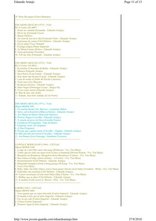 Eduardo Araujo                                                                                          Page 11 of 13



10. Deus lhe pague (Chico Buarque)
--------------------------------------------------------------------------------

EDUARDO ARAÚJO (1973) - Vinil
RCA Victor 103.0087
1. Pense na verdade (Fernando - Eduardo Araújo)
2. Dó ré mi (Fernando César)
3. Quase (Willys)
4. Ao raiar de um novo dia (Fernando Netto - Eduardo Araújo)
5. Esperança de cantar (Chil Deberto - Eduardo Araújo)
6. Ele já sabia (Tony Osanah)
7. O pingo d'água (Paulo Imperial)
8. As Minas Gerais (Willys - Eduardo Araújo)
9. Terra prometida (Terrinha)
10. Tell me why (Fernando - Eduardo Araújo)
--------------------------------------------------------------------------------

EDUARDO ARAÚJO (1972) - Vinil
RCA Victor 103.0055
1. Kizumbau (Chocolate da Bahia - Eduardo Araújo)
2. Mônica (Eduardo Araújo)
3. Seca brava (Tom Gomes - Eduardo Araújo)
4. Sem amor não há paz (Cayon - Eduardo Araújo)
5. Luar do sertão (Catullo da Paixão Cearense)
6. Terra seca (Ary Barroso)
7. Resposta (Aristeu - Eduardo Araújo)
8. Deus Negro (Domingos Leone - Sergio Sá)
9. Viver como morto (Eduardo Araújo)
10. Mar de dois sóis (Edú)
11. Sodade, meu bem sodade (Zé do Norte)
--------------------------------------------------------------------------------

EDUARDO ARAÚJO (1971) - Vinil
Odeon MOFB 3681
1. No rancho fundo (Ary Barroso - Lamartine Babo)
2. Salve, salve brasileiro (Marcos Durães - Eduardo Araújo)
3. Ave Maria do Morro (Herivelto Martins)
4. Preciso chegar (Carvalho - Eduardo Araújo)
5. A canção do povo de Deus (Geraldo Nunes)
6. Carinhoso (Pixinguinha - João de Barro)
7. Explosão norte, sul (Zapatta)
8. A ilha (Taiguara)
9. Porque que a gente morre (Carvalho - Zapatta - Eduardo Araújo)
10. Meu pai não me avisou (Carvalho - Eduardo Araújo)
11. Asa branca (Luiz Gonzaga - Humberto Teixeira)
--------------------------------------------------------------------------------

A ONDA É BOOGALOO (1969) - CD/Vinil
Odeon MOFB 3584
1. Longe de você (The same old song) (Robinson - Vrs. Tim Maia)
2. Tenho que ter todo seu amor (Got to have a hundred) (Wilson Pickett - Vrs. Tim Maia)
3. Boogaloo na Broadway (Boogaloo down Broadway) (J.James - Vrs. Tim Maia)
4. Rua maluca (Funky street) (Simms - A.Conley - Vrs. Tim Maia)
5. Pressentimento (Chil Deberto - Eduardo Araújo)
6. Dançando boogaloo (Gota a thing going) (W.King - Vrs. Tim Maia)
7. Você (Tim Maia)
8. Baby, baby sim baby (Since you've beon gone) (Sweet sweet baby) (Franklin - White - Vrs. Tim Maia)
9. Embrulhe esta marmita (Chil Deberto - Eduardo Araújo)
10. Vamos recomeçar (Come back baby) (Ray Charles - Vrs. Tim Maia)
11. Melhor que se dane (Chil Deberto - Eduardo Araújo)
12. A mulher (Cold sweet) (J. Brown - Ellis - Vrs. Tim Maia)
--------------------------------------------------------------------------------

O BOM (1967) - CD/Vinil
Odeon MOFB 3486
1. Vem quente que eu estou fervendo (Carlos Imperial - Eduardo Araújo)
2. O mundo a teus pés (Carlos Imperial - Eduardo Araújo)
3. Faz só um mês (Carlos Imperial - Eduardo Araújo)
4. O bom (Carlos Imperial)
5. Primeiro lugar (Carlos Imperial - Eduardo Araújo)




http://www.jovem-guarda.com/eduardoaraujo.htm                                                              27/8/2010
 