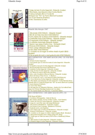 Eduardo Araujo                                                                             Page 6 of 13



                      7 Golpe do baú (Carlos Imperial - Eduardo Araújo)
                      8 Meu limão, meu limoeiro (José Carlos Burle)
                      9 Cabeça inchada (Hervé Cordovil)
                      10 Peguei um "Ita" no Norte (Dorival Caymmi)
                      11 É só pra homem (Folclore)
                      12 Dez Anastácias (Carlos




                      Eduardo Alta Atenção 1967
                      ....
                      1 Alta tensão (Chil Deberto - Eduardo Araújo)
                      2 Me dê um beijo meu bem (Chil Deberto)
                      3 Com caipira não se brinca (Chil Deberto - Eduardo Araújo)
                      4 Combustão lenta (Chil Deberto - Eduardo Araújo)
                      5 O marionete (Chil Deberto - Eduardo Araújo)
                      6 A velhinha transviada (Eduardo Araújo)
                      7 Quem é que passa (Carlos Cruz - Fernando César)
                      8 Teimosa (Chil Deberto - Eduardo Araújo)
                      9 Vem comigo (Miranda Mayo)
                      10 Seu olhar (Chil Deberto)
                      11 A minha vez de negar (A whiter shade of pale) (Reld -
                      Brooker)
                      12 Se eu gosto de você, e você gosta de mim (Chil Deberto)
                      MEUS MOMENTOS - EDUARDO ARAÚJO (1996) - CD -EMI Music
                      852341 2
                      1. O bom (Carlos Imperial)
                      2. Vem quente que eu estou fervendo (Carlos Imperial - Eduardo
                      Araújo)
                      3. O mundo a teus pés (Carlos Imperial - Eduardo Araújo)
                      4. Me dê um beijo meu bem (Chil Deberto)
                      5. Goiabão (Carlos Imperial - Eduardo Araújo)
                      6. Golpe do baú (Carlos Imperial - Eduardo Araújo)
                      7. Ave Maria no morro (Herivelto Martins)
                      8. Salve, salve brasileiro (Marcos Duraes - Eduardo Araújo)
                      9. Deixa de banca (Nino Ferrer - J. Booker)
                      10. Se eu gosto de você, e você gosta de mim (Chil Deberto)
                      11. Viva o divórcio (Carlos Imperial - Eduardo Araújo)
                      12. Meu limão, meu limoeiro (Carlos Imperial - Carlos Burle)Cabeça
                      inchada (Hervé Cordovil) Peguei um "ita" no norte (Dorival Caymmi)
                      É só pra homem (Folclore)
                      13. Você (Tim Maia)
                      14. De papo pro ar (Olegário Mariano - Joubert de Carvalho)Chuá,
                      chuá (Ary Pavão) Maringá (Joubert de Carvalho)
                      15. No rancho fundo (Ary Barroso - Lamartine Babo)
                      MEUS MOMENTOS 2 - EDUARDO ARAÚJO (1997) - CD

                      EMI Music 857838 2
                      1. Carinhoso (Pixinguinha - João de Barro)
                      2. Rua maluca [Funky street] (Arthur Conley - Earl Simms)
                      3. Cantor de iê-iê-iê (Carlos Imperial - Eduardo Araújo)
                      4. Longe de você [The same old song] (Robinson)
                      5. Alta tensão (Chil Deberto - Eduardo Araújo)
                      6. Asa branca (Luiz Gonzaga - Humberto Teixeira)
                      7. Explosão norte, sul (Zapatta)
                      8. Com caipira não se brinca (Chil Deberto - Eduardo Araújo)
                      9. Teimosa (Chil Deberto - Eduardo Araújo)
                      10. A minha vez de negar [A whiter shade of pale] (Reid - Brooker)
                      11. Dançando boogaloo [Got a thing going] (W. King)
                      12. Tenho que ter todo seu amor [Got to have a hundred] (Wilson
                      Pickett)
                      13. Mil canções (Carlos Imperial - Eduardo Araújo)
                      14. Primeiro lugar (Carlos Imperial - Eduardo Araújo)




http://www.jovem-guarda.com/eduardoaraujo.htm                                                27/8/2010
 