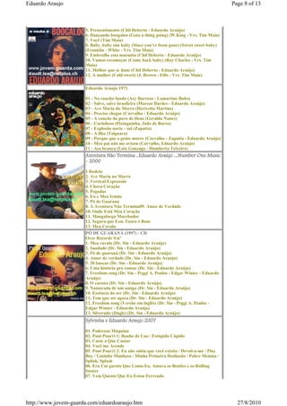 Eduardo Araujo                                                                               Page 8 of 13



                      5. Pressentimento (Chil Deberto - Eduardo Araújo)
                      6. Dançando boogaloo (Gota a thing going) (W.King - Vrs. Tim Maia)
                      7. Você (Tim Maia)
                      8. Baby, baby sim baby (Since you've beon gone) (Sweet sweet baby)
                      (Franklin - White - Vrs. Tim Maia)
                      9. Embrulhe esta marmita (Chil Deberto - Eduardo Araújo)
                      10. Vamos recomeçar (Come back baby) (Ray Charles - Vrs. Tim
                      Maia)
                      11. Melhor que se dane (Chil Deberto - Eduardo Araújo)
                      12. A mulher (Cold sweet) (J. Brown - Ellis - Vrs. Tim Maia)

                      Eduardo Araujo 1971

                      01 - No rancho fundo (Ary Barroso - Lamartine Babo)
                      02 - Salve, salve brasileiro (Marcos Durães - Eduardo Araújo)
                      03 - Ave Maria do Morro (Herivelto Martins)
                      04 - Preciso chegar (Carvalho - Eduardo Araújo)
                      05 - A canção do povo de Deus (Geraldo Nunes)
                      06 - Carinhoso (Pixinguinha, João de Barro)
                      07 - Explosão norte - sul (Zapatta)
                      08 - A ilha (Taiguara)
                      09 - Porque que a gente morre (Carvalho - Zapatta - Eduardo Araújo)
                      10 - Meu pai não me avisou (Carvalho, Eduardo Araújo)
                      11 - Asa branca (Luiz Gonzaga - Humberto Teixeira)
                      Aventura Não Termina ..Eduardo Araújo ...Number One Music
                      - 2000
                      1 Rodeio
                      2. Ave Maria no Morro
                      3. Vertical Expressão
                      4. Chora Coração
                      5. Pegadas
                      6. Eu e Meu Irmão
                      7. Pó de Guaraná
                      8. A Aventura Não Termina09. Amor de Verdade
                      10. Onde Está Meu Coração
                      11. Mangalarga Marchador
                      12. Segura que Esse Touro é Bom
                      13. Meu Cavalo
                      PÓ DE GUARANÁ (1997) - CD
                      Over Records S/nº
                      1. Meu cavalo (Dr. Sin - Eduardo Araújo)
                      2. Saudade (Dr. Sin - Eduardo Araújo)
                      3. Pó de guaraná (Dr. Sin - Eduardo Araújo)
                      4. Amor de verdade (Dr. Sin - Eduardo Araújo)
                      5. 20 buscar (Dr. Sin - Eduardo Araújo)
                      6. Uma história pra contar (Dr. Sin - Eduardo Araújo)
                      7. Freedom song (Dr. Sin - Peggi A. Poulos - Edgar Winter - Eduardo
                      Araújo)
                      8. O carona (Dr. Sin - Eduardo Araújo)
                      9. Namorada de um amigo (Dr. Sin - Eduardo Araújo)
                      10. Essência do ser (Dr. Sin - Eduardo Araújo)
                      11. Tem que ser agora (Dr. Sin - Eduardo Araújo)
                      12. Freedom song (Versão em inglês) (Dr. Sin - Peggi A. Poulos -
                      Edgar Winter - Eduardo Araújo)
                      13. Silverado (Jingle) (Dr. Sin - Eduardo Araújo)
                      Sylvinha e Eduardo Araujo 2007
                      01. Poderosa Máquina
                      02. Pout Pourri 1: Banho de Lua / Estúpido Cúpido
                      03. Custe o Que Custar
                      04. Você me Acende
                      05. Pout Pourri 2: Eu não sabia que você existia / Devolva-me / Play
                      Boy / Gatinha Manhosa / Minha Primeira Desilusão / Pobre Menina /
                      Splish, Splash
                      06. Era Um garoto Que Como Eu, Amava os Beatles e os Rolling
                      Stones
                      07. Vem Quente Que Eu Estou Fervendo




http://www.jovem-guarda.com/eduardoaraujo.htm                                                  27/8/2010
 
