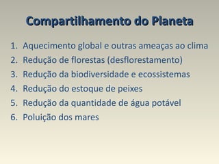 Compartilhamento do Planeta Aquecimento global e outras ameaças ao clima Redução de florestas (desflorestamento) Redução da biodiversidade e ecossistemas Redução do estoque de peixes Redução da quantidade de água potável  Poluição dos mares 