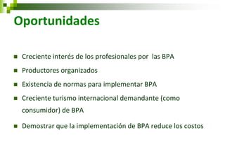 Oportunidades 
Creciente interés de los profesionales por las BPA 
Productores organizados 
Existencia de normas para implementar BPA 
Creciente turismo internacional demandante (como consumidor) de BPA 
Demostrar que la implementación de BPA reduce los costos  