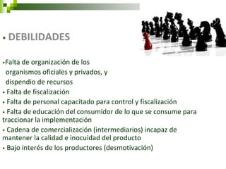 DEdeBILDEdeIDADES 
• DEBILIDADES 
•Falta de organización de los 
organismos oficiales y privados, y 
dispendio de recursos 
• Falta de fiscalización 
• Falta de personal capacitado para control y fiscalización 
• Falta de educación del consumidor de lo que se consume para traccionar la implementación 
• Cadena de comercialización (intermediarios) incapaz de mantener la calidad e inocuidad del producto 
• Bajo interés de los productores (desmotivación) 
 
