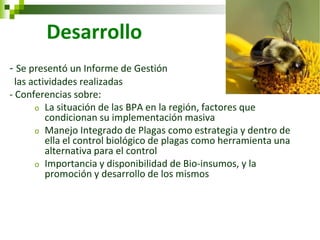Desarrollo 
- Se presentó un Informe de Gestión 
las actividades realizadas 
- Conferencias sobre: 
oLa situación de las BPA en la región, factores que condicionan su implementación masiva 
oManejo Integrado de Plagas como estrategia y dentro de ella el control biológico de plagas como herramienta una alternativa para el control 
oImportancia y disponibilidad de Bio-insumos, y la promoción y desarrollo de los mismos  