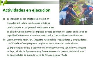 Actividades en ejecución 
a) La inclusión de los efectores de salud en 
todas las actividades de buenas prácticas 
que lo requieran en general a representantes 
de Salud Pública atentos al impacto directo que tiene el sector en la salud de la población tanto rural como el resto de los consumidores de alimentos. 
b) Caso Convenio RENATEA- (Registro nacional de Trabajadores y empleadores) con SENASA - Caso programa de productos artesanales de Misiones. 
La experiencia se lleva a cabo en tres Municipios como son Pilar y Campana en la provincia de Buenos Aires y San Antonio en la provincia de Misiones. En la actualidad se suma la tarea de ferias en Jujuy y Salta 
 