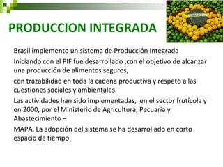 PRODUCCION INTEGRADA 
Brasil implemento un sistema de Producción Integrada 
Iniciando con el PIF fue desarrollado ,con el objetivo de alcanzar una producción de alimentos seguros, 
con trazabilidad en toda la cadena productiva y respeto a las cuestiones sociales y ambientales. 
Las actividades han sido implementadas, en el sector frutícola y en 2000, por el Ministerio de Agricultura, Pecuaria y Abastecimiento – 
MAPA. La adopción del sistema se ha desarrollado en corto espacio de tiempo. 
 