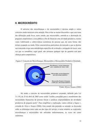 10
II. MICROCRÉDITO
O universo das microfinanças e do microcrédito é deveras amplo e vários
conceitos ainda merecem certa atenção. Para evitar as muitas discussões a que este tema
das definições pode levar, neste estudo, por microcrédito, entende-se a destinação de
pequenos empréstimos a esse público a fim de financiar uma atividade produtiva, muitas
vezes viabilizando a sobrevivência econômica de pessoas que, de outra forma, não
teriam ocupação ou renda. Pelas características particulares do mercado a que se destina
sua concessão exige uma metodologia específica de avaliação e mitigação de riscos, uma
vez que os tomadores, regra geral, não possuem qualquer tipo de garantia real para
oferecer pelos empréstimos.
Figura 1: Conceito de Microfinanças, Microcrédito e Microcrédito Produtivo Orientado
Fonte: Alves e Soares (2006)
Há ainda o conceito de microcrédito produtivo orientado, definido pela Lei
11.110, de 25 de abril de 2005 como sendo “crédito concedido para o atendimento das
necessidades financeiras de pessoas fisicas e jurídicas empreendedoras de atividades
produtivas de pequeno porte”. Para simplificar a explicação, vamos utilizar a figura 1,
extraída de Alves e Soares (2006). Este estudo não pretende se estender na discussão
sobre as diferenças entre cada um dos tipos de serviço, e neste relatório as expressões
microfinanças e microcrédito são utilizadas indistintamente, às vezes até como
sinônimos.
Microfinancas: servicos financeiros
para a populacao de baixa renda
Microcredito: servicos financeiros
para microempreendedores
Microcredito Produtivo Orientado:
credito para microempreendedores
 
