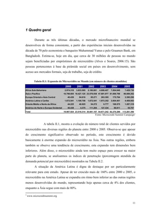 11
1 Quadro geral
Durante as três últimas décadas, o mercado microfinanceiro mundial se
desenvolveu de forma consistente, a partir das experiências iniciais desenvolvidas na
década de 70 pelo economista e banqueiro Muhammad Yunus e pelo Graamen Bank, em
Bangladesh. Estima-se, hoje em dia, que cerca de 30 milhões de pessoas no mundo
sejam beneficiadas por empréstimos de microcrédito (Alves e Soares, 2006:15). São
pessoas pertencentes à base da pirâmide social em países em desenvolvimento, sem
acesso aos mercados formais, seja de trabalho, seja de crédito.
Tabela II.1: Expansão do Microcrédito no Mundo (em número de clientes atendidos)
2000 2001 2002 2003 2004 2005
África Sub-Sahariana 2.974.318 3.833.565 5.180.881 4.608.407 7.004.840 7.429.730
Ásia e Pacífico 16.798.605 18.427.125 23.576.938 47.891.977 81.009.798 96.689.252
Europa Oriental e Ásia Central 40.439 94.616 85.271 263.395 175.764 3.390.290
América Latina e Caribe 1.672.541 1.109.708 1.672.541 1.973.352 3.854.401 4.409.093
Oriente Médio e Norte da África 44.225 46.925 54.272 6.777 168.575 1.287.318
América do Norte e Europa Ocidental 40.439 4.375 111.204 127.334 56.911 55.707
Total 19.907.924 23.516.314 30.681.107 54.871.242 92.270.289 113.261.390
Fonte: Microcredit Summit Campaign5
A tabela II.1, mostra a evolução do número total de clientes servidos por
microcrédito nas diversas regiões do planeta entre 2000 e 2005. Observa-se que apesar
do crescimento significativo observado no período, este crescimento é devido
basicamente à enorme expansão do microcrédito na Ásia. Nas outras regiões, embora
também se observe uma tendência de crescimento, esta expansão tem dimensões bem
inferiores. Além disso, o microcrédito ainda tem muito espaço para crescer na maior
parte do planeta, se analisarmos os índices de penetração (porcentagem atendida da
demanda potencial por microcrédito) mostrados na Tabela II.2.
A situação da América Latina é digna de destaque por ser particularmente
relevante para este estudo. Apesar de ter crescido mais de 160% entre 2000 e 2005, o
microcrédito na América Latina se expandiu em ritmo bem inferior ao das outras regiões
menos desenvolvidas do mundo, representando hoje apenas cerca de 4% dos clientes,
enquanto a Ásia segue com mais de 80%.
5
www.microcreditsummit.org
 