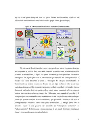 42
age de forma apenas receptiva, uma vez que o tipo de produto/serviço envolvido não
envolve um relacionamento ativo com o cliente (pagar contas, por exemplo).
Figura IV.3: Correspondente bancário: um modelo com microcrédito
Na integração do microcrédito com o correspondente, outros elementos deveriam
ser integrados ao modelo. Para incorporar produtos negociais ou de relacionamento (por
exemplo o microcrédito), a figura do agente de crédito poderia participar do modelo,
interagindo em algum grau com a infraestrutura já existente dos correspondentes. O
modelo não deve descartar, é claro, a utilização de serviços automatizados de
fornecimento de crédito e nem está focado em um tipo exclusivo entre as diversas
variedades de microcrédito existentes (consumo, produtivo, produtivo orientado, etc). As
formas de realização desta integração podem variar, mas o importante e levar em conta
tanto a participação dos bancos quanto das IMFs neste novo modelo (Figura IV.3). É
essa passagem, de um modelo de correspondentes focado em produtos transacionais para
outro que permita funções de relacionamento, que permitirá a utilização da rede de
correspondentes bancários como canal para microcrédito. A entrega deste tipo de
produtos requer o que poderia ser chamado de “inteligência comercial” ou
“relacionamento”, de forma que a mera presença de um canal eletrônico interligando
banco e correspondentes se torna insuficiente.
Agente
de
Créditocorrespondentes
banco
Pagamentos
Saques
Transferências
Empréstimos
Aplicações
Seguros
Produtos
Pagamentos
Saques
Transferências
Empréstimos
Aplicações
Seguros
Produtos
Pagamentos
Saques
Transferências
Empréstimos
Aplicações
Seguros
Produtos
Pagamentos
Saques
Transferências
Empréstimos
Aplicações
Seguros
Produtos
Apoio
Técnico
Funding
contratocontrato
MICROCRÉDITO
clientes
IMF
 