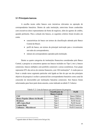 49
3.1 Principais bancos
A escolha recaiu sobre bancos com iniciativas relevantes na operação de
correspondentes bancários. Dentro de cada instituição, entrevistas foram conduzidas
com executivos-chave representantes da frente de negócios, além de agentes de crédito,
quando pertinente. Para a seleção dos bancos, os seguintes critérios foram levados em
conta:
• características do banco em termos da classificação adotada pelo Banco
Central do Brasil;
• perfil do banco, em termos da principal motivação para o investimento
em redes de correspondentes;
• número de correspondentes operados pela instituição.
Dentre as quatro categorias de instituições financeiras consideradas pelo Banco
Central, a pesquisa se concentrou apenas nos bancos incluídos no Tipo I, isto é, bancos
comerciais, bancos múltiplos com portfolio comercial e caixas econômicas. Esse grupo
representa 85% dos ativos do sistema financeiro, com 104 instituições20
. A razão para se
focar o estudo nesse segmento particular está ligada ao fato de que um dos principais
objetivos da pesquisa é avaliar o potencial dos correspondentes bancários como canal de
concessão de microcrédito por instituições bancárias comerciais. Seis bancos foram
selecionados para fazer parte desta amostra, como indicado na tabela V.2 abaixo:
Tabela V.2: Lista de bancos que participaram da pesquisa
Classificação do
Banco Central
Perfil
CEF Tipo I Banco Público
Banco Popular (Banco do Brasil) Tipo I Banco Público
Bradesco Tipo I Perfil Social
ABN-Amro Real Tipo I Perfil Social
Lemon Bank Tipo I Perfil Comercial
Unibanco - MicroInvest Tipo I Perfil Comercial
20
segundo dados do Banco Central (www.bcb.gov.br).
 
