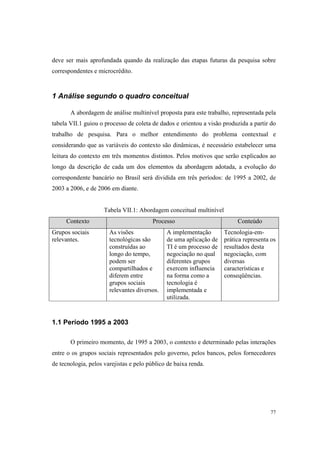 77
deve ser mais aprofundada quando da realização das etapas futuras da pesquisa sobre
correspondentes e microcrédito.
1 Análise segundo o quadro conceitual
A abordagem de análise multinível proposta para este trabalho, representada pela
tabela VII.1 guiou o processo de coleta de dados e orientou a visão produzida a partir do
trabalho de pesquisa. Para o melhor entendimento do problema contextual e
considerando que as variáveis do contexto são dinâmicas, é necessário estabelecer uma
leitura do contexto em três momentos distintos. Pelos motivos que serão explicados ao
longo da descrição de cada um dos elementos da abordagem adotada, a evolução do
correspondente bancário no Brasil será dividida em três períodos: de 1995 a 2002, de
2003 a 2006, e de 2006 em diante.
Tabela VII.1: Abordagem conceitual multinível
Contexto Processo Conteúdo
Grupos sociais
relevantes.
As visões
tecnológicas são
construídas ao
longo do tempo,
podem ser
compartilhados e
diferem entre
grupos sociais
relevantes diversos.
A implementação
de uma aplicação de
TI é um processo de
negociação no qual
diferentes grupos
exercem influencia
na forma como a
tecnologia é
implementada e
utilizada.
Tecnologia-em-
prática representa os
resultados desta
negociação, com
diversas
características e
conseqüências.
1.1 Período 1995 a 2003
O primeiro momento, de 1995 a 2003, o contexto e determinado pelas interações
entre o os grupos sociais representados pelo governo, pelos bancos, pelos fornecedores
de tecnologia, pelos varejistas e pelo público de baixa renda.
 