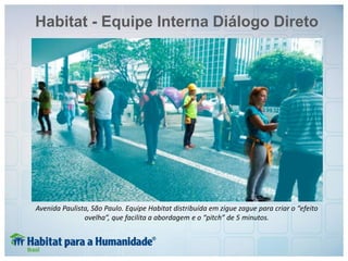 Habitat - Equipe Interna Diálogo Direto
Avenida Paulista, São Paulo. Equipe Habitat distribuída em zigue zague para criar o “efeito
ovelha”, que facilita a abordagem e o “pitch” de 5 minutos.
 