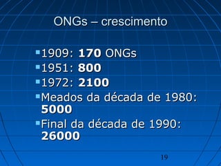 19
ONGs – crescimentoONGs – crescimento
 1909:1909: 170170 ONGsONGs
 1951:1951: 800800
 1972:1972: 21002100
 Meados da década de 1980:Meados da década de 1980:
50005000
 Final da década de 1990:Final da década de 1990:
2600026000
 