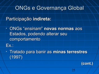 25
ONGs e Governança GlobalONGs e Governança Global
ParticipaçãoParticipação indiretaindireta::
• ONGs “ONGs “ensinamensinam”” novas normasnovas normas aosaos
Estados, podendo alterar seuEstados, podendo alterar seu
comportamentocomportamento
Ex.:Ex.:
• Tratado para banir asTratado para banir as minas terrestresminas terrestres
(1997)(1997)
(cont.)(cont.)
 