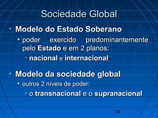 34
Sociedade GlobalSociedade Global
• Modelo do Estado SoberanoModelo do Estado Soberano
• poder exercido predominantementepoder exercido predominantemente
pelopelo EstadoEstado e em 2 planos:e em 2 planos:
• nacionalnacional ee internacionalinternacional
• Modelo da sociedade globalModelo da sociedade global
• outros 2 níveis de poder:outros 2 níveis de poder:
• oo transnacionaltransnacional e oe o supranacionalsupranacional
 
