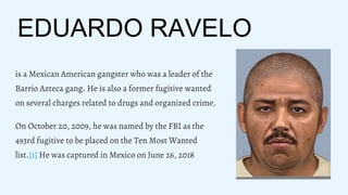 EDUARDO RAVELO
is a Mexican American gangster who was a leader of the
Barrio Azteca gang. He is also a former fugitive wanted
on several charges related to drugs and organized crime.
On October 20, 2009, he was named by the FBI as the
493rd fugitive to be placed on the Ten Most Wanted
list.[1] He was captured in Mexico on June 26, 2018
 