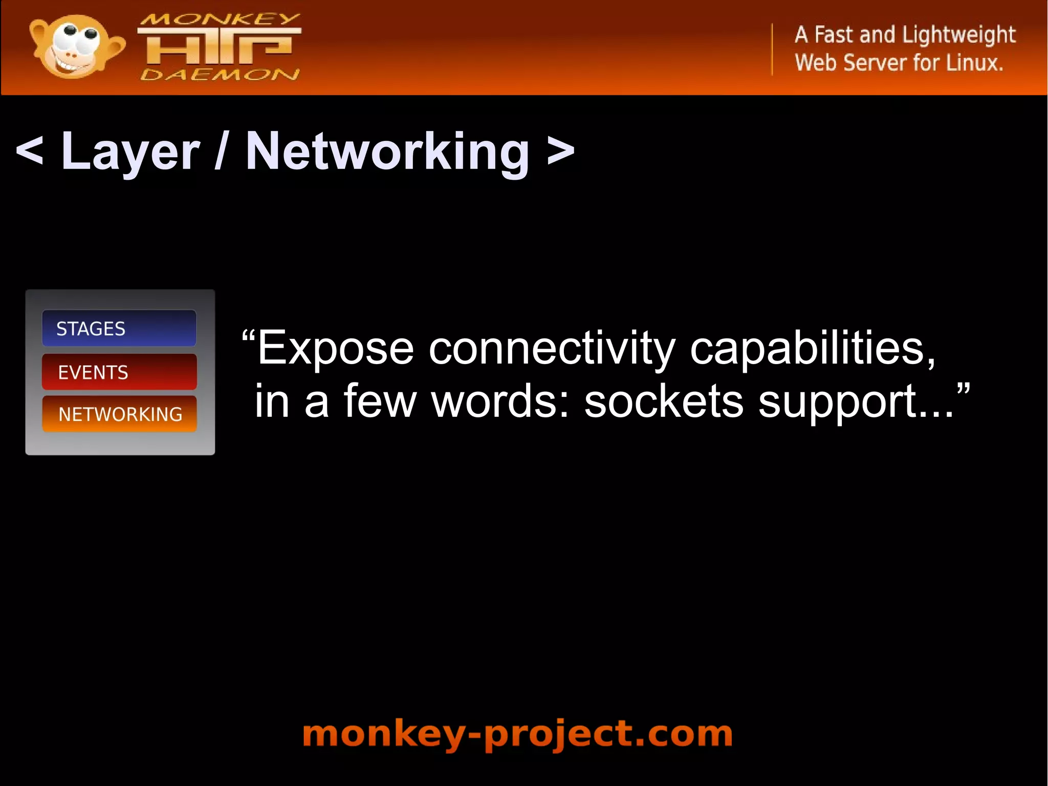 < Layer / Networking >


        “Expose connectivity capabilities,
         in a few words: sockets support...”
 