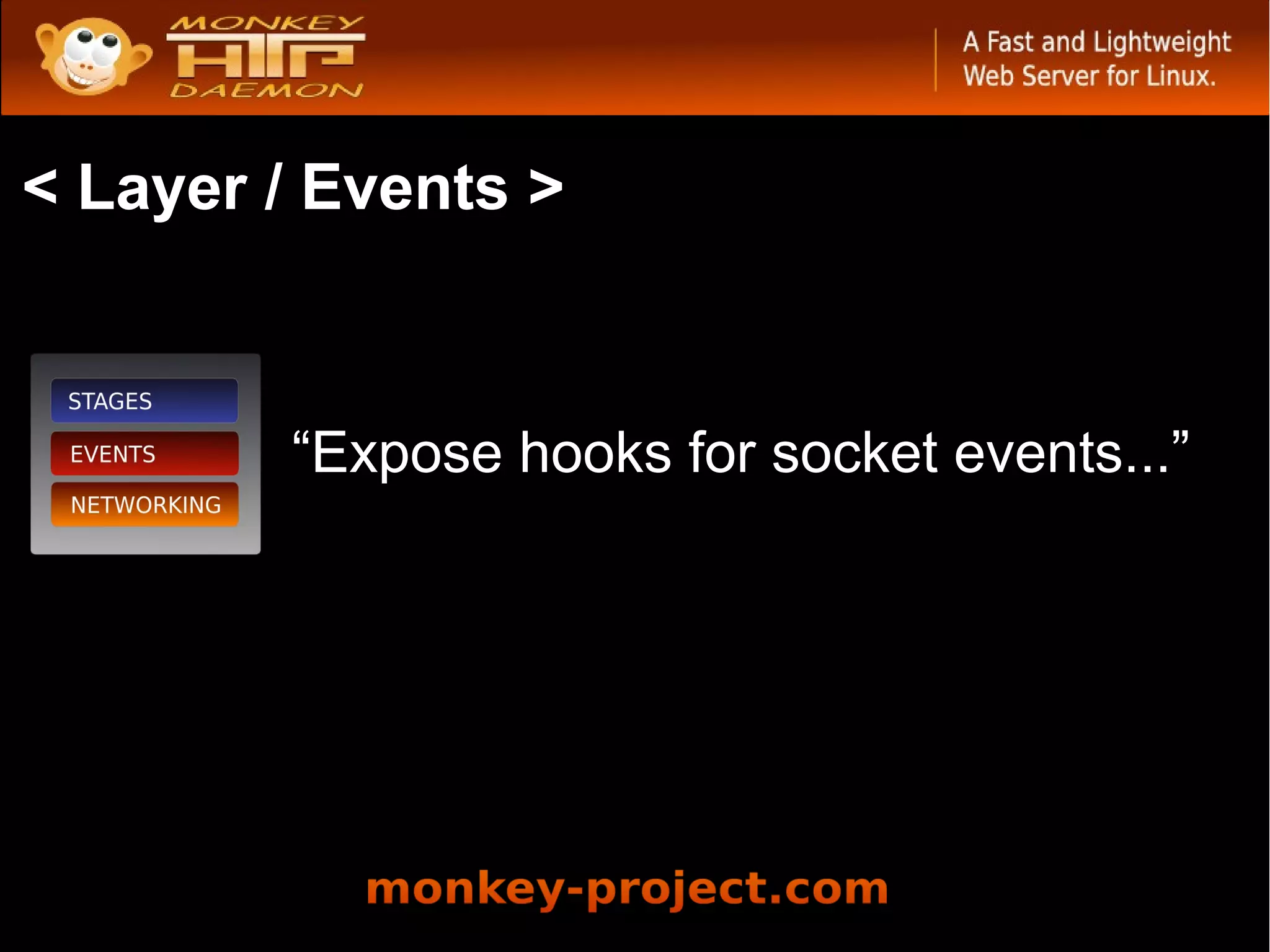 < Layer / Events >



        “Expose hooks for socket events...”
 