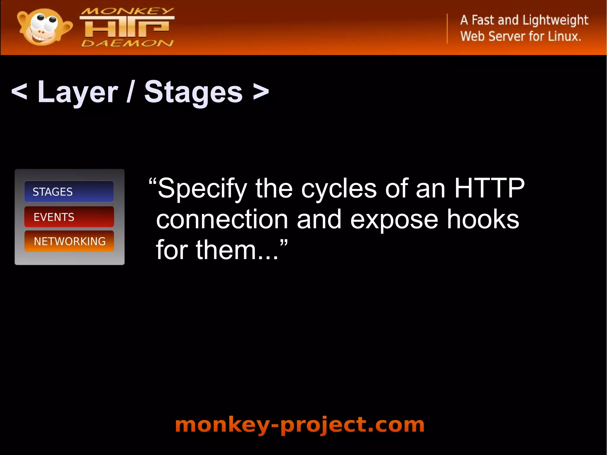 < Layer / Stages >


         “Specify the cycles of an HTTP
          connection and expose hooks
          for them...”
 