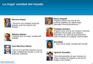 10
Antares Consulting © 2015
Políticas y servicios sanitarios
La mejor sanidad del mundo
Mariano Rajoy
“Tenemos una sanidad universal,
gratuita y de las mejores del
mundo”
José Martínez Olmos
“Con un 6,5 del PIB tenemos casi la
mejor sanidad del mundo, y esto no
podemos olvidarlo”
Elena Salgado
“España cuenta con uno de los
servicios públicos de salud mejor
valorados internacionalmente…”
Trinidad Jiménez
“España tiene uno de los mejores sistemas
sanitarios del mundo y los mejores
indicadores de salud de prácticamente
todo el mundo en cualquier enfermedad”
Alfonso Alonso
“España tiene la mejor sanidad del
mundo”
Ignacio González
“Una demostración de que tenemos la
mejor sanidad de España y una de las
mejores del mundo…”
Ana Mato
“…esta sea la mejor sanidad del mundo”
 