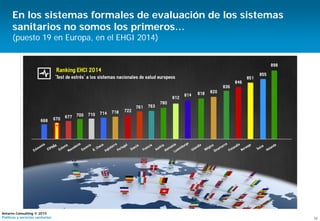12
Antares Consulting © 2015
Políticas y servicios sanitarios
En los sistemas formales de evaluación de los sistemas
sanitarios no somos los primeros…
(puesto 19 en Europa, en el EHGI 2014)
 