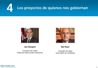 20
Antares Consulting © 2015
Políticas y servicios sanitarios
Los proyectos de quienes nos gobiernan
4
Boi Ruiz
Conseller de Salut
Generalitat de Catalunya
Jon Darpon
Consejero de Salud
Gobierno Vasco-Eusko Jaurlaritza
 