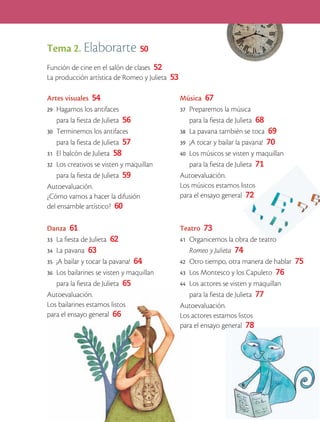 Tema 2. Elaborarte                50

Función de cine en el salón de clases 52
La producción artística de Romeo y Julieta 53

Artes visuales 54                               Música 67
29	 Hagamos los antifaces                       37	 Preparemos la música
    para la fiesta de Julieta 56                    para la fiesta de Julieta 68
30	 Terminemos los antifaces                    38	 La pavana también se toca 69
    para la fiesta de Julieta 57                39	 ¡A tocar y bailar la pavana! 70
31	 El balcón de Julieta 58                     40	 Los músicos se visten y maquillan
32	 Los creativos se visten y maquillan             para la fiesta de Julieta 71
    para la fiesta de Julieta 59                Autoevaluación.
Autoevaluación.                                 Los músicos estamos listos
¿Cómo vamos a hacer la difusión                 para el ensayo general 72
del ensamble artístico? 60

Danza 61                                        Teatro 73
33	 La fiesta de Julieta 62                     41	 Organicemos la obra de teatro
34	 La pavana 63                                    Romeo y Julieta 74
35	 ¡A bailar y tocar la pavana! 64             42	 Otro tiempo, otra manera de hablar 75
36	 Los bailarines se visten y maquillan        43	 Los Montesco y los Capuleto 76
    para la fiesta de Julieta 65                44	 Los actores se visten y maquillan
Autoevaluación.                                     para la fiesta de Julieta 77
Los bailarines estamos listos                   Autoevaluación.
para el ensayo general 66                       Los actores estamos listos
                                                para el ensayo general 78
 