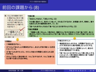 テスト項目作成の留意点
前回の課題から(8)
▽修正案
• 「あなた」ではなく、「「あなた」ではなく、「 君」に君」にする。する。 ②②②②
• そのそのその場場場場場ににににに誰誰誰誰誰がいて、何がいくつあって、それをどうするのか、を明確に示す。同時に、様々そのその場場場ににに誰誰誰がいて、何がいくつあって、それをどうするのか、を明確に示す。同時に、様々がいて、何がいくつあって、それをどうするのか、を明確に示す。同時に、様々
な捉えられ方の選択肢を消す。
がいて、何がいくつあって、それをどうするのか、を明確に示す。同時に、様々
な捉えられ方の選択肢を消す。な捉えられ方の選択肢を消す。
がいて、何がいくつあって、それをどうするのか、を明確に示す。同時に、様々がいて、何がいくつあって、それをどうするのか、を明確に示す。同時に、様々がいて、何がいくつあって、それをどうするのか、を明確に示す。同時に、様々
①、④
がいて、何がいくつあって、それをどうするのか、を明確に示す。同時に、様々がいて、何がいくつあって、それをどうするのか、を明確に示す。同時に、様々
①、④①、④
• 「食べられますか」ではなく「食べることになりますか」にする。「食べられますか」ではなく「食べることになりますか」にする。 ③③③③
▽修正問題案
• 「部屋に「部屋に「部屋に 君、君、 ちゃん、ちゃん、 君がおり、君がおり、 個のりんごをそのまま個のりんごをそのまま個のりんごをそのまま 人で全て食べます。先に人で全て食べます。先に「部屋に「部屋に
君はりんごを
君、
君はりんごを君はりんごを
君、君、君、
君はりんごを つ、
ちゃん、ちゃん、
つ、つ、つ、
ちゃん、ちゃん、 君がおり、君がおり、ちゃん、ちゃん、ちゃん、
ちゃんは
君がおり、君がおり、君がおり、君がおり、
ちゃんはちゃんはちゃんはりんごを
君がおり、
りんごをりんごをりんごを
個のりんごをそのまま個のりんごをそのまま個のりんごをそのまま個のりんごをそのまま個のりんごをそのまま
りんごをりんごを つ食べました。
個のりんごをそのまま
つ食べました。つ食べました。
個のりんごをそのまま個のりんごをそのまま個のりんごをそのまま 人で全て食べます。先に人で全て食べます。先に人で全て食べます。先に人で全て食べます。先に個のりんごをそのまま個のりんごをそのまま
君はいくつりんごを食べることにな君はりんごを君はりんごを君はりんごを君はりんごを君はりんごを君はりんごを君はりんごを君はりんごを君はりんごを
りますか。」
▽問題点
• ①場面設定がない。
• ②「 」と「あなた」との関係性がない。あなたが別の場にいる存在
になっている。
• ③「食べられますか」だと、その人の能力の問題だと捉えられる恐
れがある。
• ④りんごを切って数を増やす、りんごをすりおろす、りんごを捨てる
など様々な捉え方もあり得る。
▽修正のポイント
• 場面設定をはっきりさせ、元問題の「あなた」の
ように別次元の人物が登場しないようにする。
• 「そのまま食べる」という言葉によって、配分の
方法の選択肢を１つに絞る。
• 「食べることになりますか」という言い回しにする
ことによって、 君の意志に関係なく食べる数が
決定されることを強調する。
教育評価論（第 4 講） テスト項目の作成 (2) 平成 27 年 10 月 21 日 12 / 40
 