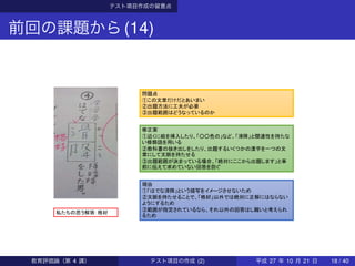 テスト項目作成の留意点
前回の課題から(14)
私たちの思う解答：格好
問題点
①この文章だけだとあいまい
②出題方法に工夫が必要
③出題範囲はどうなっているのか
修正案
①近くに絵を挿入したり、「○○色の」など、「滑降」と関連性を持たな
い修飾語を用いる
②教科書の抜き出しをしたり、出題するいくつかの漢字を一つの文
章にして文脈を持たせる
③出題範囲が決まっている場合、「絶対にここから出題します」と事
前に伝えて求めていない回答を防ぐ
理由
①「はでな滑降」という描写をイメージさせないため
②文脈を持たせることで、「格好」以外では絶対に正解にはならない
ようにするため
③範囲が指定されているなら、それ以外の回答はし難いと考えられ
るため
教育評価論（第 4 講） テスト項目の作成 (2) 平成 27 年 10 月 21 日 18 / 40
 