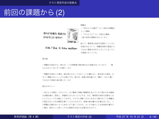 テスト項目作成の留意点
前回の課題から(2)
教育評価論
テスト項目の作成
昆布班
松井諒磨 和田拓海 井村俊介 勝部由莉香
問題点
・〝次のような場合″という部分が問題文
として曖昧。
・〝どのように″という部分も曖昧。
・絵で余計な情報を与えてしまう。
総じて、解答者が余計な空想をしてしまう
余地を与えていて、問題作成者の意図にそ
ぐわない解答が出やすくなってしまってい
る要因になっている。
修正案
・問題文を改訂する。例えば、「この時間帯の場合使われる英語のあいさつは？」 「最
もふさわしいあいさつを書け」など
・問題文を改訂した場合、絵を変えるもしくはなくしても構わない。絵を変える場合、な
るべく無駄のないシンプルな絵にする。例えば、登場人物を減らす。PM７：００と書い
てあるので背景の星を無くす。など
修正のポイント
・次のような場合、どのように、など曖昧で多数の誤解答を生んでしまう恐れのある曖昧
な言葉を避け、限定し、多義的にならないようにする。また、解答者が余計な空想をしな
いようにシンプルな絵にしてあげる。そもそも PM７:００とあるので絵がなくても問題文
が改訂されていれば解答を導くことはできるので、家族の絵を載せる必要は全くない。こ
の問題の正解をあいさつと決めつけて話してきたが、もしその他のことを作成者が聞きた
い場合、絵をもっと詳しくするか説明文を加える必要があるだろう。
教育評価論（第 4 講） テスト項目の作成 (2) 平成 27 年 10 月 21 日 6 / 40
 