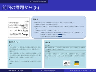 テスト項目作成の留意点
前回の課題から(5)
問題点
・問題の目的（どういう構文を書かせたいのか、英作文なのか）不明瞭 *1
・人物設定や状況設定、絵の情報量が少ない *1
・問題中にある「言葉」に、何の明示も無い為にどんな言葉でも 6 字書けば正解になってしま
う*1
・文法能力が欠けている人でも解けてしまう *2
・英語では 1 単語を 1 語と数えるのに対し問題文中では 6 字となっている（言葉の誤り）*3
英語の能力をきちんと測ることができていない
1 項目に解答は 1 つの原則に違反
英語の能力をきちんと測ることができていない
つの原則に違反
修正のポイント
*1 *2
・（自由英作文でない場合）絵だと無駄に想像力が働いてしま
うため問題文にある程度の制約をかける。登場人物について
の説明など。
・正しく構文が書けるか否かを見る為には日本語訳をつける
・（自由英作文の場合）絵が曖昧で情報量が少ないので、条件
を明確に示すことで解答を 1 つの方向へ導く
*3
・6 字を 6 語にすることで、単語が 6 つ必要だということを
明確化
修正案
修正案①
Get up ken!に続く「さもないと学校に遅刻してしまいますよ」の意味の完
全な英文を６語以上で書きなさい。
修正案②
以下の絵をみて答えなさい。小学生の Ken はまだ寝ています。それを見た
Ken のお母さんが言ったGet up Ken! に続く言葉を6 語以上の英文でかき
なさい。
教育評価論（第 4 講） テスト項目の作成 (2) 平成 27 年 10 月 21 日 9 / 40
 