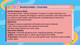 Weekly Guides - Overview
Garden Explorers Week
This week's theme, "Garden Explorers," focuses on outdoor learning in our
school garden. Students will engage in sensory exploration, learn about plant life,
and observe small wildlife, enhancing their understanding of nature and
developing observational skills.
Objectives:
•Engage in sensory exploration with plants and natural materials.
•Learn about plant growth and natural environments.
•Develop observational and inquiry skills.
Resources Needed:
•Physical: Child-safe gardening tools, magnifying glasses, art supplies.
•Digital: Educational apps or videos about plants and wildlife.
•Preparation: Educators to set up a safe garden area; students to wear suitable
outdoor attire.
 