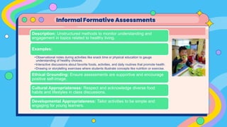 Informal Formative Assessments
Description: Unstructured methods to monitor understanding and
engagement in topics related to healthy living.
Examples:
•Observational notes during activities like snack time or physical education to gauge
understanding of healthy choices.
•Interactive discussions about favorite foods, activities, and daily routines that promote health.
•Drawing or storytelling exercises where students illustrate concepts like nutrition or exercise.
Ethical Grounding: Ensure assessments are supportive and encourage
positive self-image.
Cultural Appropriateness: Respect and acknowledge diverse food
habits and lifestyles in class discussions.
Developmental Appropriateness: Tailor activities to be simple and
engaging for young learners.
 