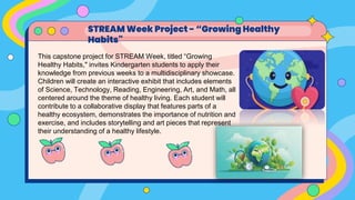 STREAM Week Project - “Growing Healthy
Habits"
This capstone project for STREAM Week, titled “Growing
Healthy Habits," invites Kindergarten students to apply their
knowledge from previous weeks to a multidisciplinary showcase.
Children will create an interactive exhibit that includes elements
of Science, Technology, Reading, Engineering, Art, and Math, all
centered around the theme of healthy living. Each student will
contribute to a collaborative display that features parts of a
healthy ecosystem, demonstrates the importance of nutrition and
exercise, and includes storytelling and art pieces that represent
their understanding of a healthy lifestyle.
 