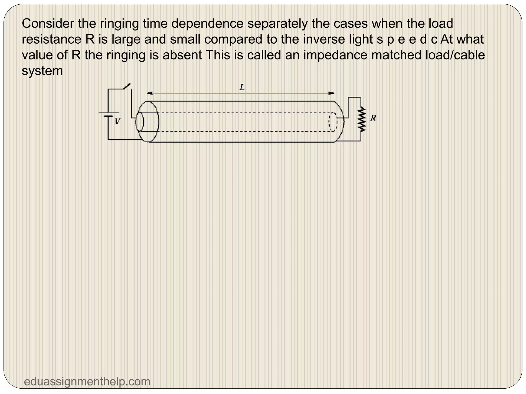Consider the ringing time dependence separately the cases when the load
resistance R is large and small compared to the inverse light s p e e d c At what
value of R the ringing is absent This is called an impedance matched load/cable
system
eduassignmenthelp.com
 