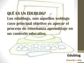 QUÉ ES UN EDUBLOG?
Los edublogs, son aquellos weblogs
cuyo principal objetivo es apoyar el
proceso de enseñanza aprendizaje en
un contexto educativo.
 