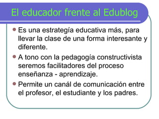 El educador frente al Edublog Es una estrateg í a educativa m á s, para llevar la clase de una forma interesante y diferente.  A tono con la pedagog í a constructivista  seremos facilitadores del proceso  ense ñ anza - aprendizaje.  Permite un can ál  de comunicación entre el profesor, el estudiante y los padres. 