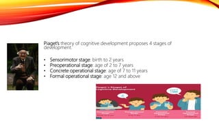 Piaget’s theory of cognitive development proposes 4 stages of
development.
• Sensorimotor stage: birth to 2 years
• Preoperational stage: age of 2 to 7 years
• Concrete operational stage: age of 7 to 11 years
• Formal operational stage: age 12 and above
 