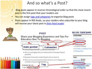 And so what’s a Post?
•  Blog posts appear in reverse chronological order so that the most recent
  post is the first post that your readers see
• You can assign tags and categories to organise blog posts
• Posts appear in RSS feeds, so your readers who subscribe to your blog
  will receive your latest post in their feed reader
 