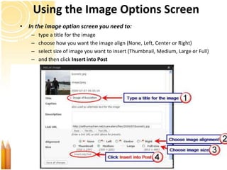 Using the Image Options Screen
• In the image option screen you need to:
    –   type a title for the image
    –   choose how you want the image align (None, Left, Center or Right)
    –   select size of image you want to insert (Thumbnail, Medium, Large or Full)
    –   and then click Insert into Post
 
