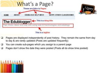 What’s a Page?




   Pages are displayed independently of post history. They remain the same from day
    to day & are rarely updated (Posts are updated frequently)
   You can create sub-pages which you assign to a parent page
   Pages don’t show the date they were posted (Posts all do show time posted)
 
