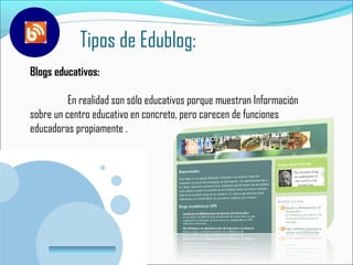 Tipos de Edublog:
Blogs educativos:

          En realidad son sólo educativos porque muestran Información
sobre un centro educativo en concreto, pero carecen de funciones
educadoras propiamente .




      www.company.com
 