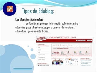 Tipos de Edublog:
Los blogs institucionales:
          Su función es proveer información sobre un centro
educativo y sus ofrecimientos, pero carecen de funciones
educadoras propiamente dichas.




www.company.com
 