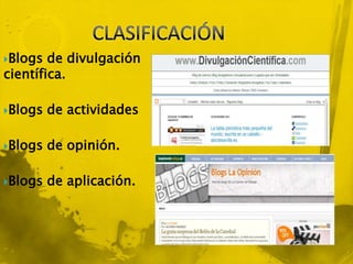 Blogs  de divulgación
científica.

Blogs   de actividades

Blogs   de opinión.

Blogs   de aplicación.
 