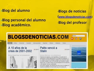 Blog   del alumno          •Blogs   de noticias
                            (www.blogsdenoticias.com)
Blog personal del alumno
                            •Blog   del profesor
Blog académico.
 