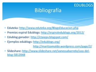 EDUBLOGS

Bibliografía
Eduteka: http://www.eduteka.org/BlogsEducacion.php
Premios espiral Edublogs: http://espiraledublogs.org/2012/
Edublog ganador: http://ctaiepv.blogspot.com/
Ejemplos edublogs: http://edublogs.org/
http://maritzamaldo.wordpress.com/page/2/
Slideshare: http://www.slideshare.net/vanessabarreto/uso-delblog-5812048

 