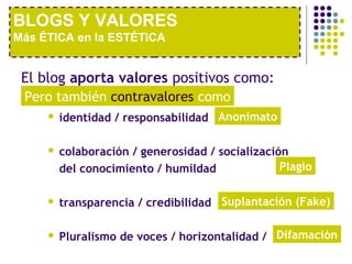 El blog aporta valores positivos como:
 identidad / responsabilidad
 colaboración / generosidad / socialización
del conocimiento / humildad
 transparencia / credibilidad
 Pluralismo de voces / horizontalidad /
BLOGS Y VALORES
Más ÉTICA en la ESTÉTICA
Anonimato
Plagio
Suplantación (Fake)
Difamación
Pero también contravalores como
 